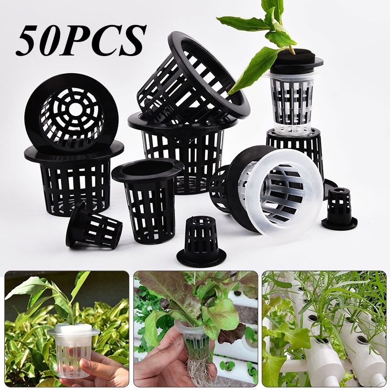 Hanging Planter Basket - 50個入り黒白土を使わないメッシュ植物育成ポット、ネットバスケットホルダー、野菜育苗カップトレイ、スポンジ水耕栽培ポット