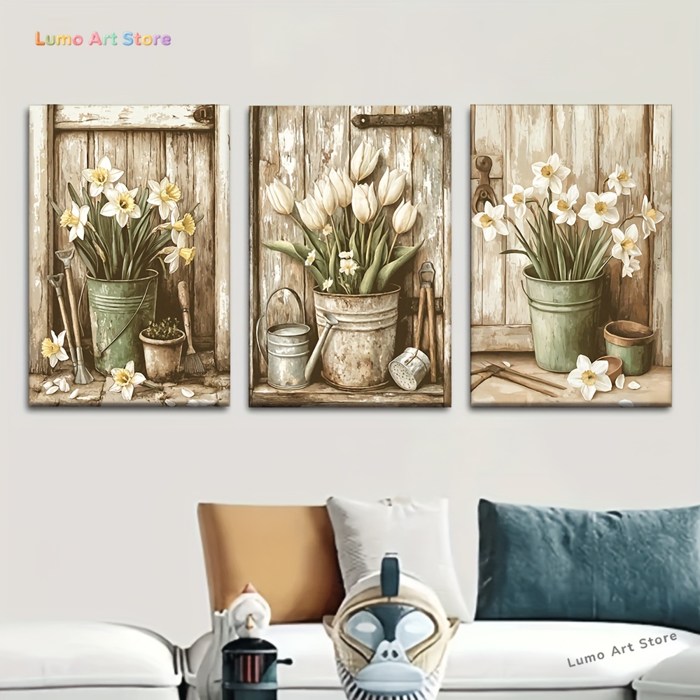 Gardening Tools Drawing - 2Dフラット、3枚セット、キャンバス絵画--フレームなし、ヴィンテージファームハウスプランターとガーデニングツール、アーティスト描画セット、リビングルーム