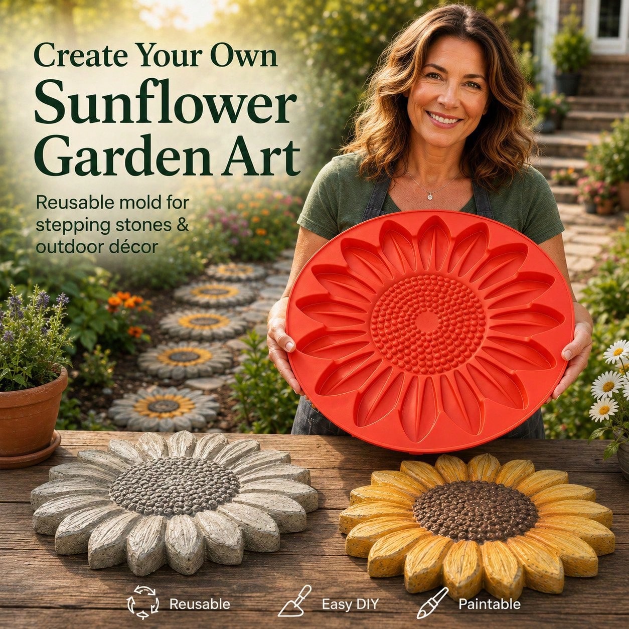 Gardening Tools Gift Ideas - 1個入りひまわり型ステップストーンモールド、再利用可能な庭やパティオの通路用コンクリート・プラスターモールド、屋外DIYクラフトツール、クリエイティブな家の装飾ギフトアイデア