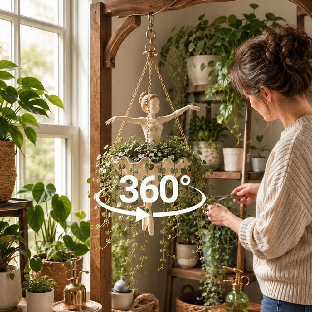 Hanging Planter Basket - 樹脂製バレエダンサーの吊り下げプランター、奇抜な手彫りの女の子の吊り下げ植物バスケット、UV耐性のあるエレガントなバレリーナの置物