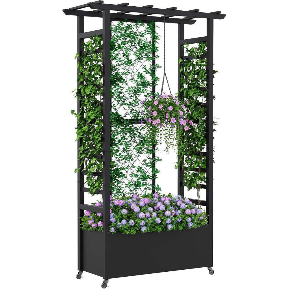 Hanging Planter Basket - トレリスと吊り下げバスケット付きの高床式菜園、車輪付き金属製プランターボックス、屋外用つる性植物サポート、高さ74cm×長さ44cm×