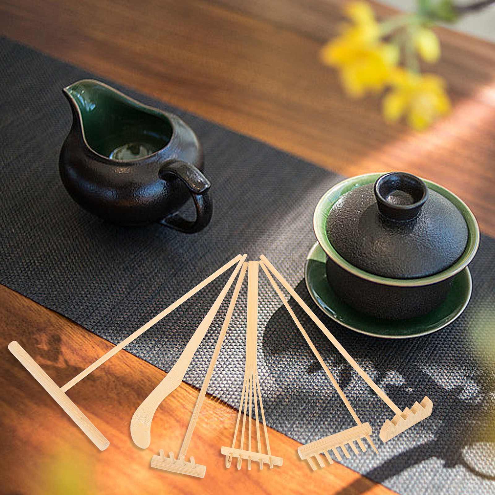 竹製熊手茶器セット、砂押しペン、ミニ盆栽園芸ツール、小型庭園 - Gardening Tools Drawing のレビューと価格