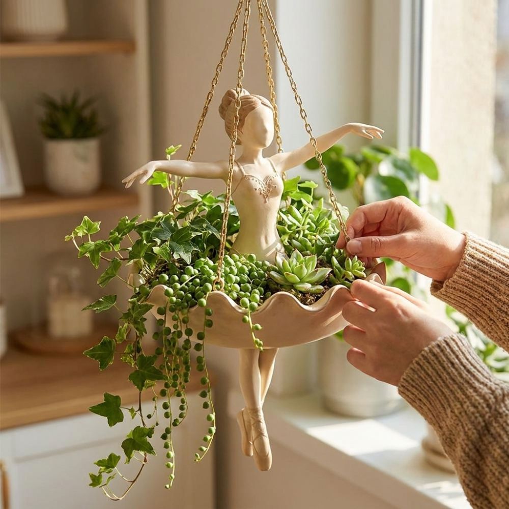 樹脂製バレエダンサーの吊り下げプランター、奇抜な手彫りの女の - Hanging Planter Basket のレビューと価格
